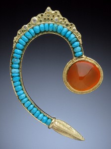 Hand-fabricated 18kt gold brooch with Sleeping Beauty turquoise, Mexican jelly opal and white diamonds by Hughes-Bosca