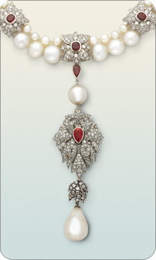 La Peregrina pearl, once given Queen Mary Tudor by King Phillip II of Spain, later set in this Cartier necklace and given by Richard Burton to Elizabeth Taylor (and eventually confiscated by her dog)