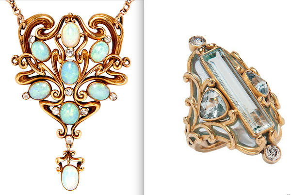 Marcus & Co. Art Nouveau pendant of 18k, opal, diamonds, and ring of 18k, aquamarine and enamel (Skinner March 2017)