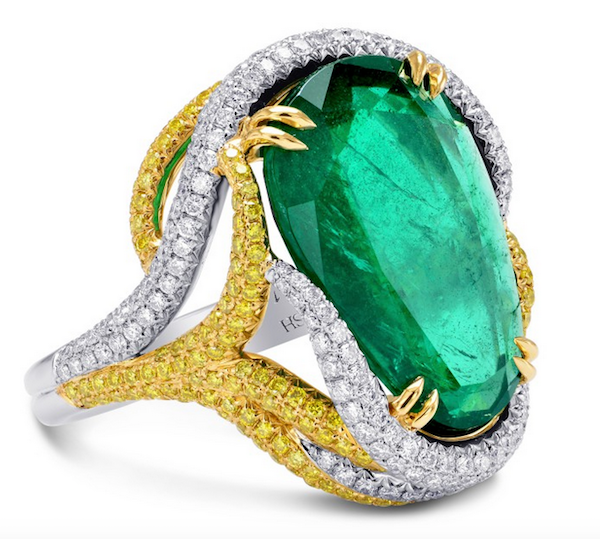 Ring with 9.72ct emerald with diamonds in platinum by Chavi Itzhakov