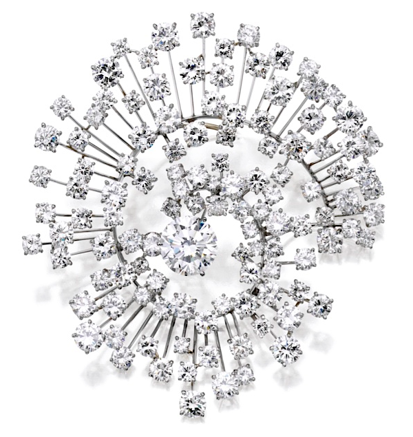 "Galaxy" brooch of diamonds (40.26 carats) in platinum by Marianne Ostier, c. 1955. Estimated at $45,000-55,000 at Sotheby's NY on April 19.