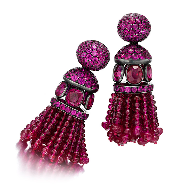 Earrings by Hemmerle , 2006, of ruby beads and pink sapphires in silver, rose and white gold