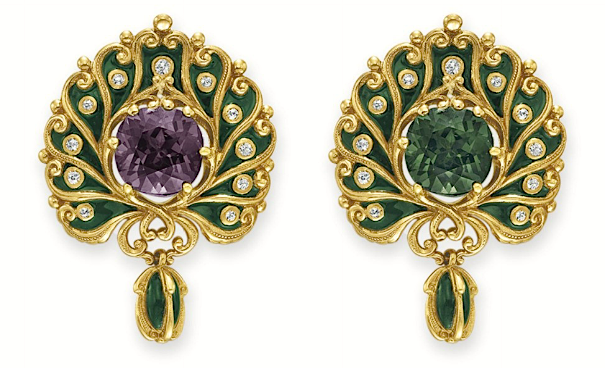 Brooch of enamel, cushion-cut alexandrite, old diamonds, and rose gold, c. 1900, by Marcus & Co. (estimate $70,000-$100,000 at Christie's New York, April 16, 2014)