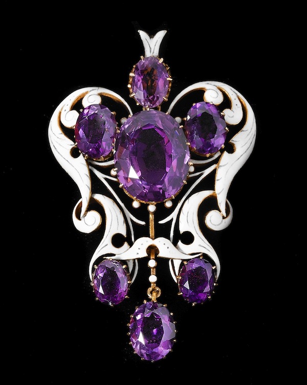 Pendant of gold, enamel and amethyst designed by Mrs. Philip (Charlotte) Newman, 1884-1890 (Collection of the Newark Museum. Photo John A. Faier/Richard E. Driehaus Museum)