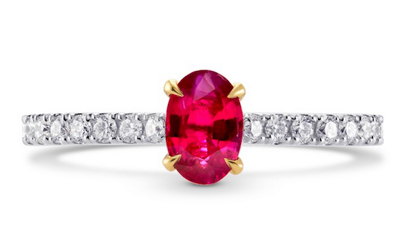 Ring of .52ct oval ruby and pavé-set diamonds in 18k gold ($1,850)