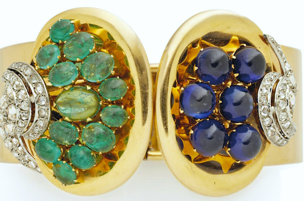 Clips of emerald, synthetic sapphire, diamond, gold and platinum by René Boivin, 1940, sold for $32,600 at Christie's in November 2014