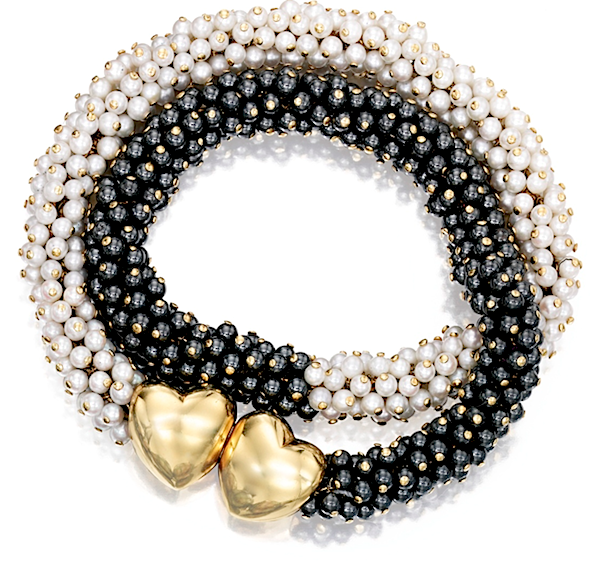 racelet of cultured pearls and hematite beads with 18k gold double-heart clasp by Van Cleef & Arpels