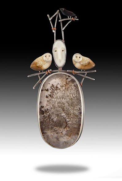 Pin/pendant by Carolyn Morris Bach of sterling, copper, quartz, bone, fossilized ivory, ebony
