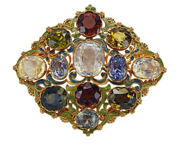 Brooch of gold, sapphires, zircons, and enamel, 1890-1910, by G. Paulding Farnham for Tiffany & Co.