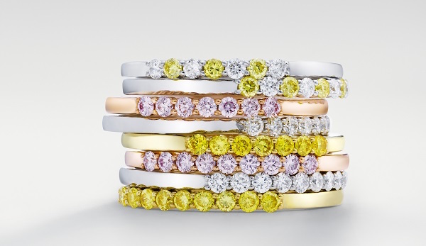 Stackable bands of pink, yellow and colorless diamonds from Leibish.com